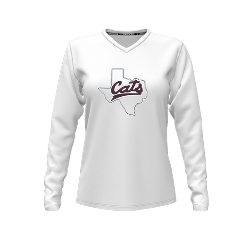 [CUS-DFW-TEES-PER-VNK-LSL-WHT-FYXS-LOGO2] Decker Performance T-Shirt (Female Youth XS, White, V Neck, Logo 2, Long Sleeve)