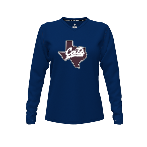 [CUS-DFW-TEES-PER-VNK-LSL-NVY-FYXS-LOGO1] Decker Performance T-Shirt (Female Youth XS, Navy, V Neck, Logo 1, Long Sleeve)