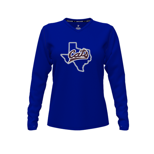 [CUS-DFW-TEES-PER-VNK-LSL-RYL-FYXS-LOGO2] Decker Performance T-Shirt (Female Youth XS, Royal, V Neck, Logo 2, Long Sleeve)