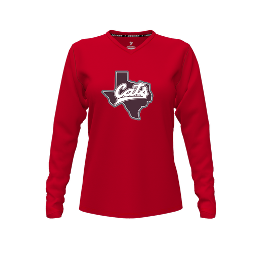[CUS-DFW-TEES-PER-VNK-LSL-RED-FYXS-LOGO1] Decker Performance T-Shirt (Female Youth XS, Red, V Neck, Logo 1, Long Sleeve)