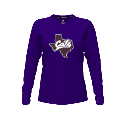 [CUS-DFW-TEES-PER-VNK-LSL-PUR-FYXS-LOGO1] Decker Performance T-Shirt (Female Youth XS, Purple, V Neck, Logo 1, Long Sleeve)
