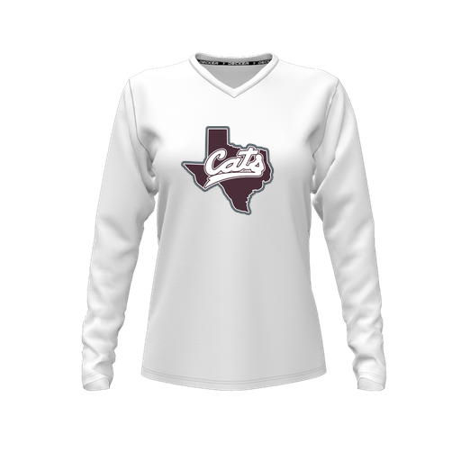 [CUS-DFW-TEES-PER-VNK-LSL-WHT-FYXS-LOGO1] Decker Performance T-Shirt (Female Youth XS, White, V Neck, Logo 1, Long Sleeve)