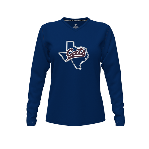 [CUS-DFW-TEES-PER-VNK-LSL-NVY-FYXS-LOGO2] Decker Performance T-Shirt (Female Youth XS, Navy, V Neck, Logo 2, Long Sleeve)