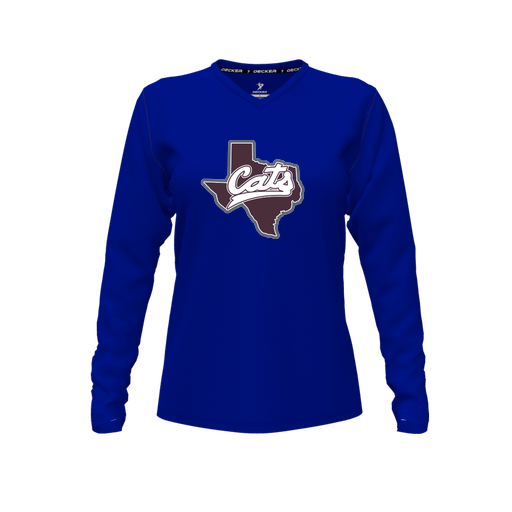 [CUS-DFW-TEES-PER-VNK-LSL-RYL-FYXS-LOGO1] Decker Performance T-Shirt (Female Youth XS, Royal, V Neck, Logo 1, Long Sleeve)