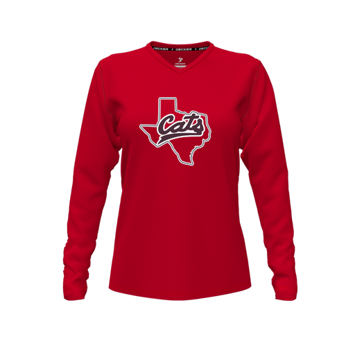 [CUS-DFW-TEES-PER-VNK-LSL-RED-FYXS-LOGO2] Decker Performance T-Shirt (Female Youth XS, Red, V Neck, Logo 2, Long Sleeve)