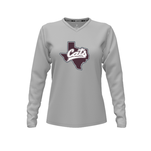 [CUS-DFW-TEES-PER-VNK-LSL-GRY-FYXS-LOGO1] Performance T-Shirt (Female Youth XS, Gray, V Neck, Logo 1, Long Sleeve)