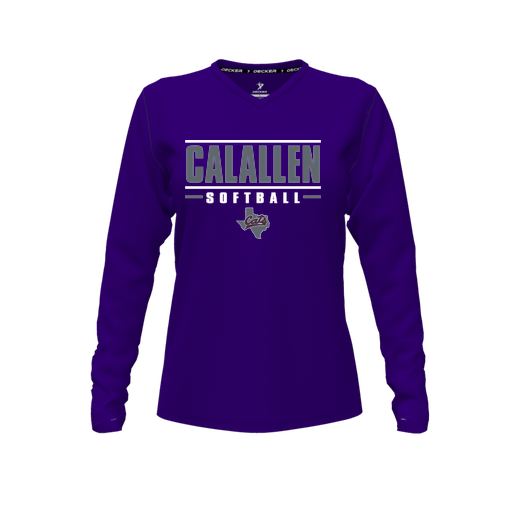 [CUS-DFW-TEES-PER-VNK-LSL-PUR-FYXS-LOGO3] Decker Performance T-Shirt (Female Youth XS, Purple, V Neck, Logo 3, Long Sleeve)